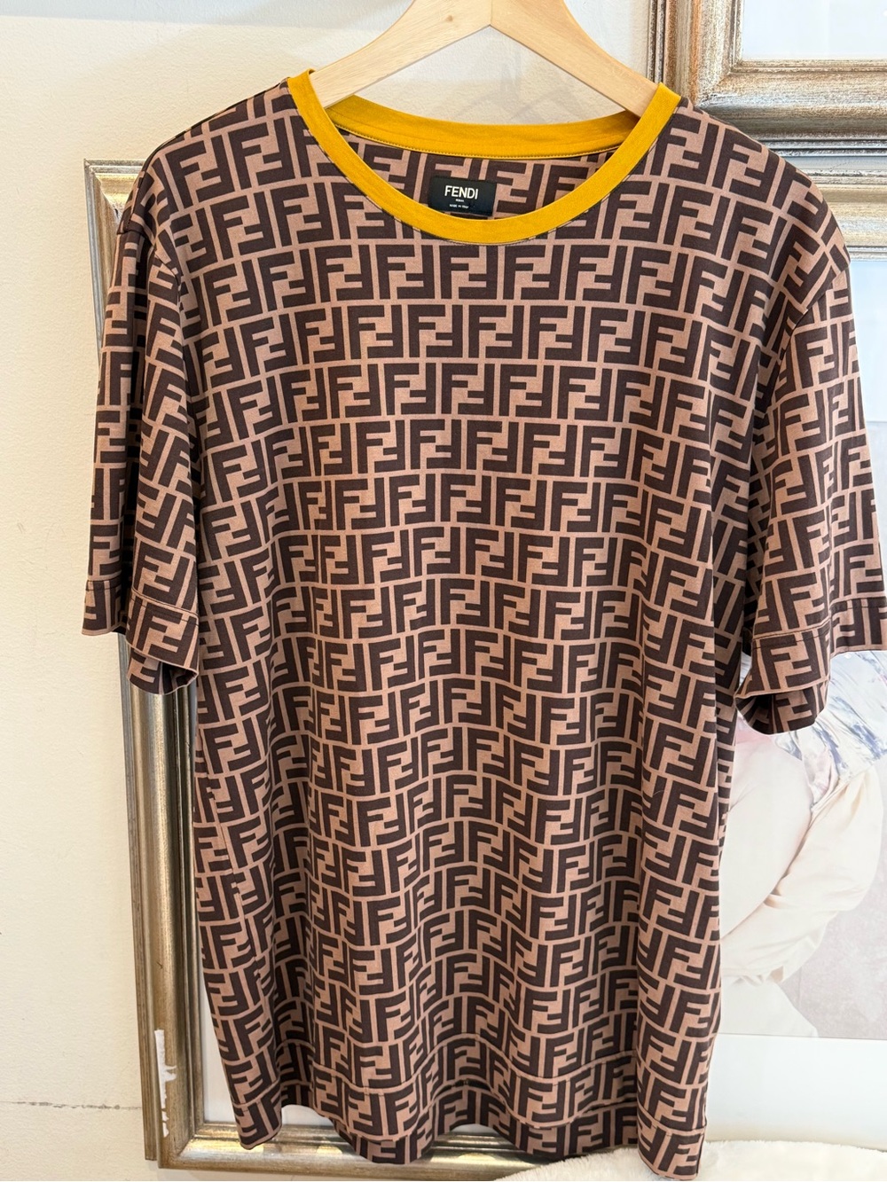 Fendi All-Over Zucca Logo Tee in Brown with Yellow Trim
